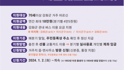 강화군, 내년부터 만 70세 이상 노인, 교통비 무료... 유천호 군수 ,공약 실행