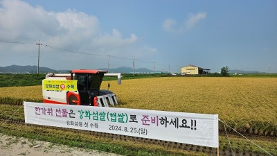 교동면 삼선리 최복환 농가 강화섬쌀 올해 첫 벼 베기... 추석맞이 햅쌀로 판매 예정